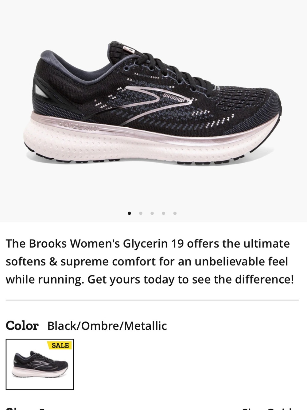 Brooks Glycerin 19 Womens Sz 7B Black/Ombre/Metallic Blush NO INSOLES Clean.